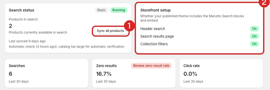 The "Search status" and "Storefront setup" cards on the home page