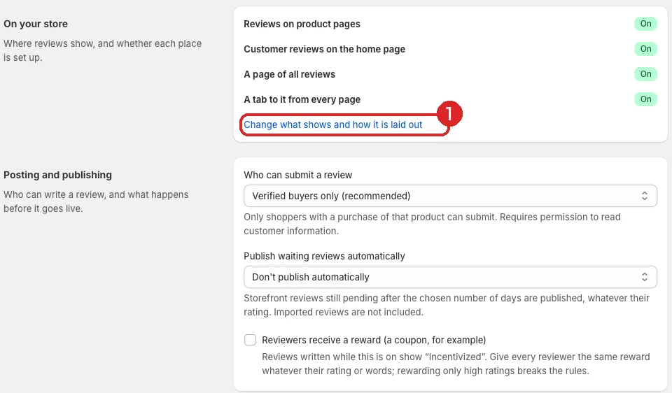 Review settings ("On your store" and "Posting and publishing")