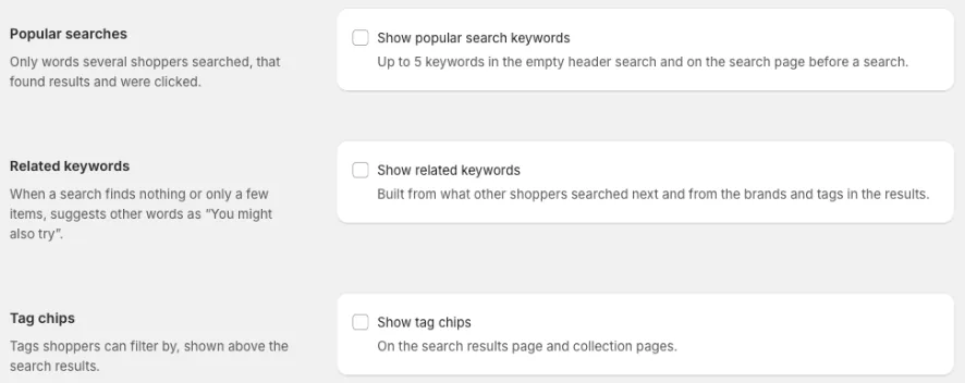 The "Search suggestions" tab in Settings