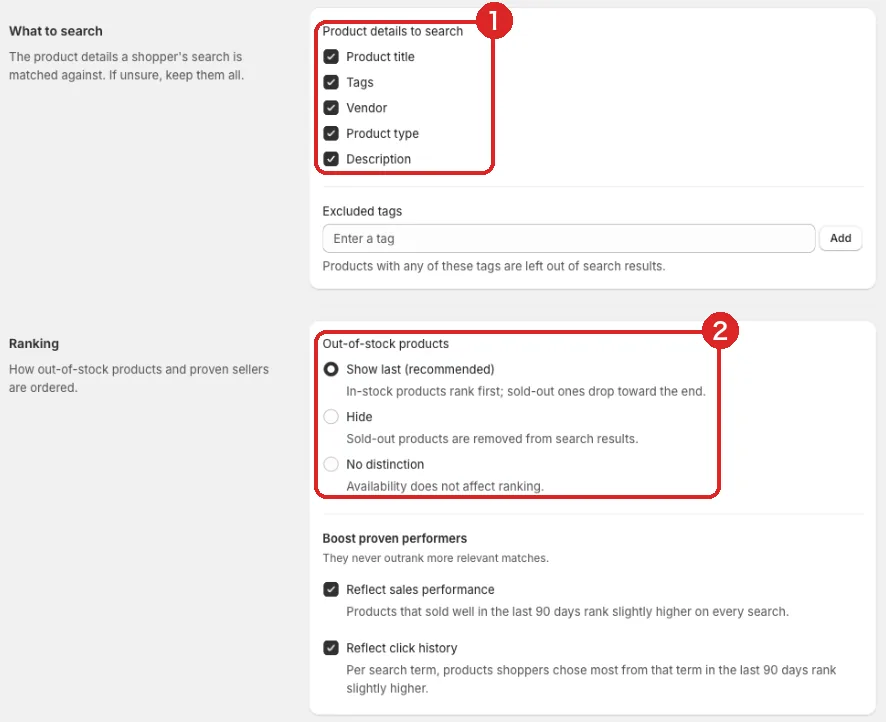 The "Search" tab in Settings