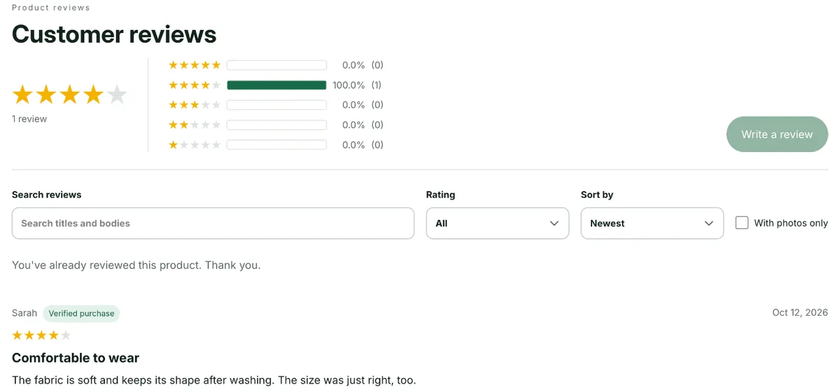 Reviews on a product page