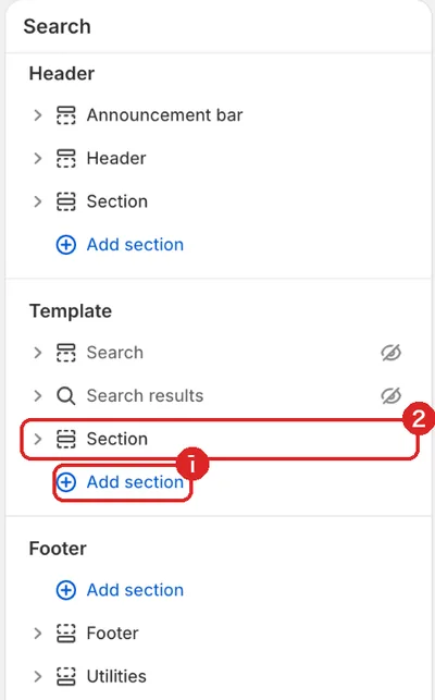 The theme editor's left menu (search template)